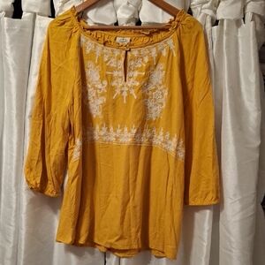 St. John's Bay Mustard Blouse with White Embroidery Lg